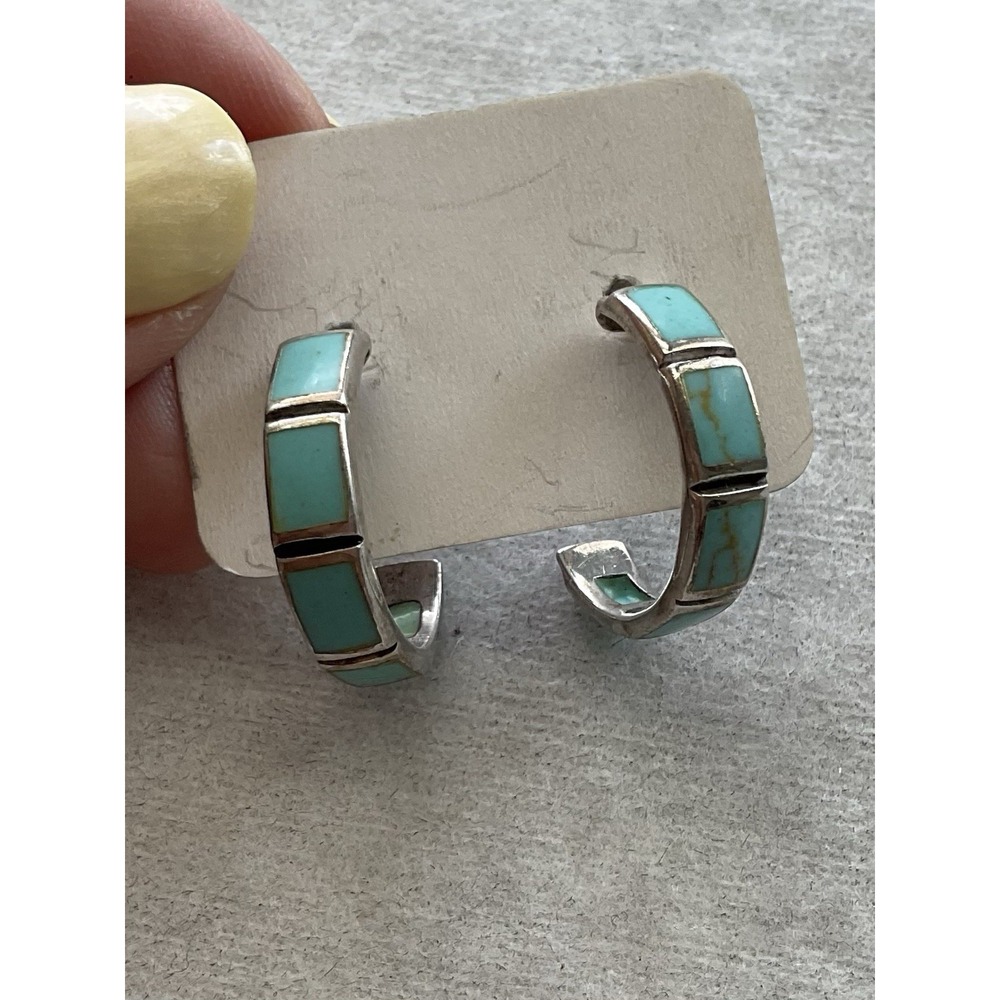 Vintage 925 Sterling Silver Half Hoop Earrings Rectangle Turquoise Stones Estate